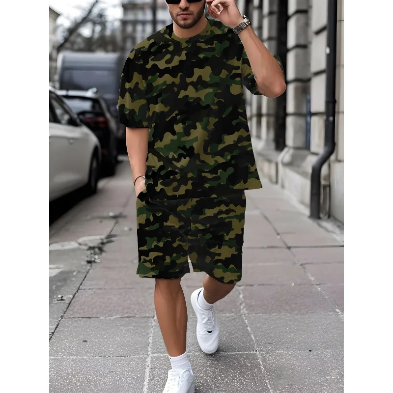 2025 Summer Personalized 3D Printed Men's Daily Leisure Sports Street Round Neck Short Sleeved T-shirt Shorts Set