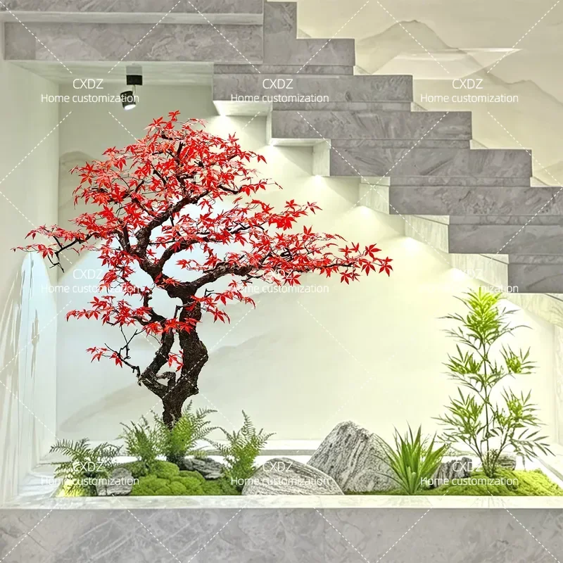 Simulation red leaf maple shape fake tree courtyard landscape green plants potted plants horse drunk wood chicken feet maple