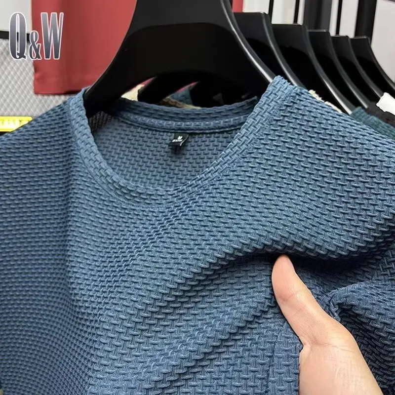 Bamboo Mesh Ice Silk T-shirt Men's Short sleeved Round Neck New T-sleeved Men's Bottom Shirt Summer Solid Color Men's Top