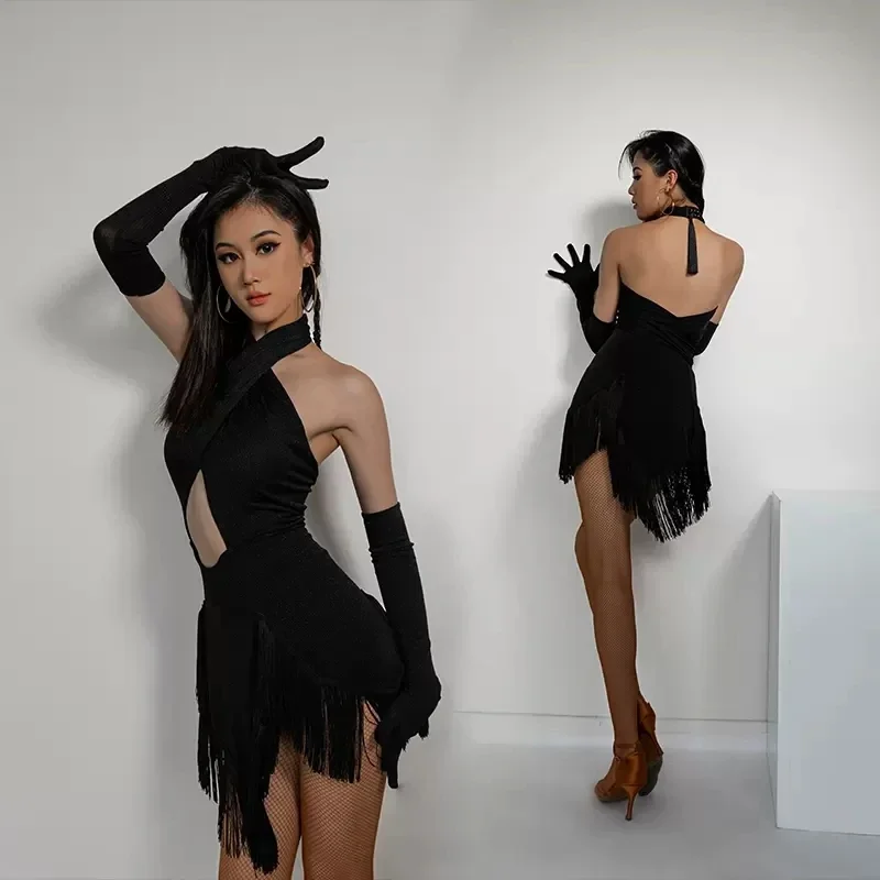 Female Stage Clothing Women Latin Dance Dress Adult Tassel Ballroom Dancing Costume Ice Silk Fringed have Gloves dress Skirt