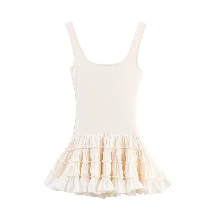 Vestido F de Outono Nova Coleção Versátil com Detalhes em Camadas e Decote Quad Sem Alças em Material de Aodão e...