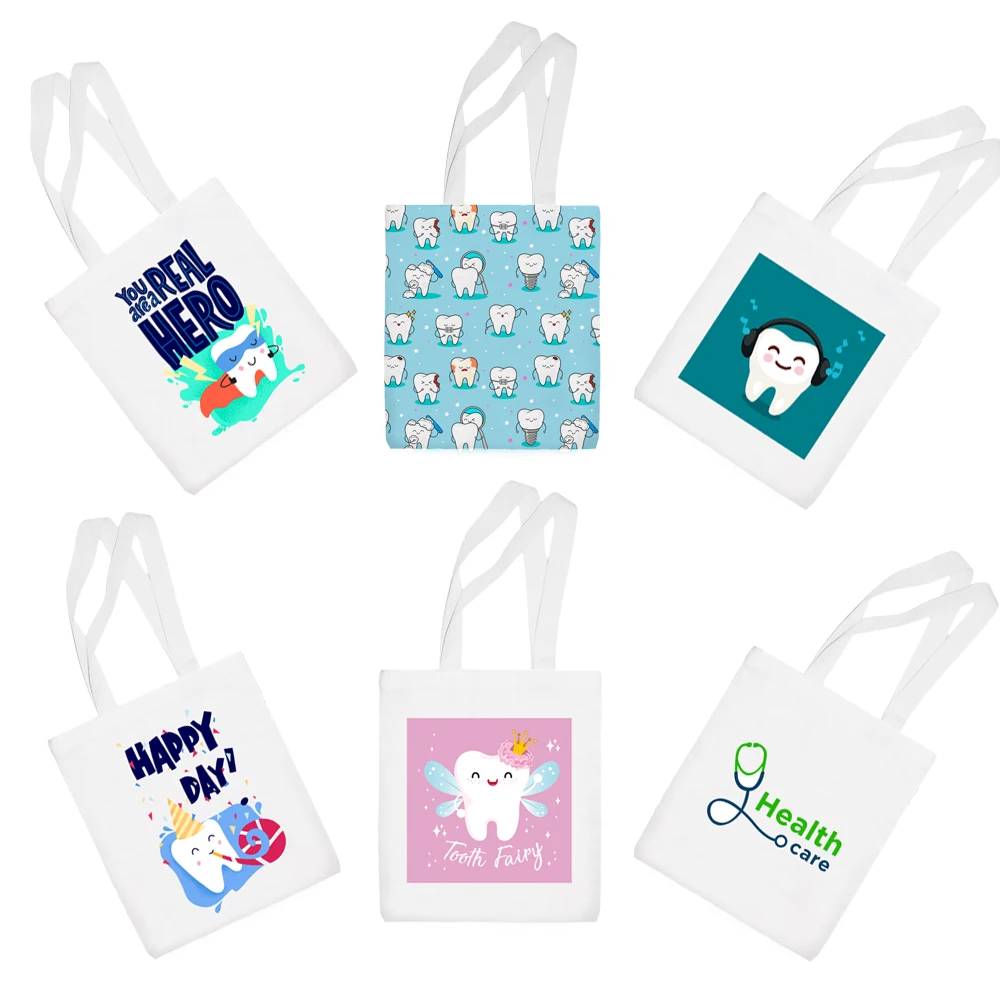 

Холщовая сумка Стоматологическая сумка Сумка для покупок с едой Экологичная сумка с принтом зубов Складная карманная сумка Портативная сумка на плечо Сумка для покупок