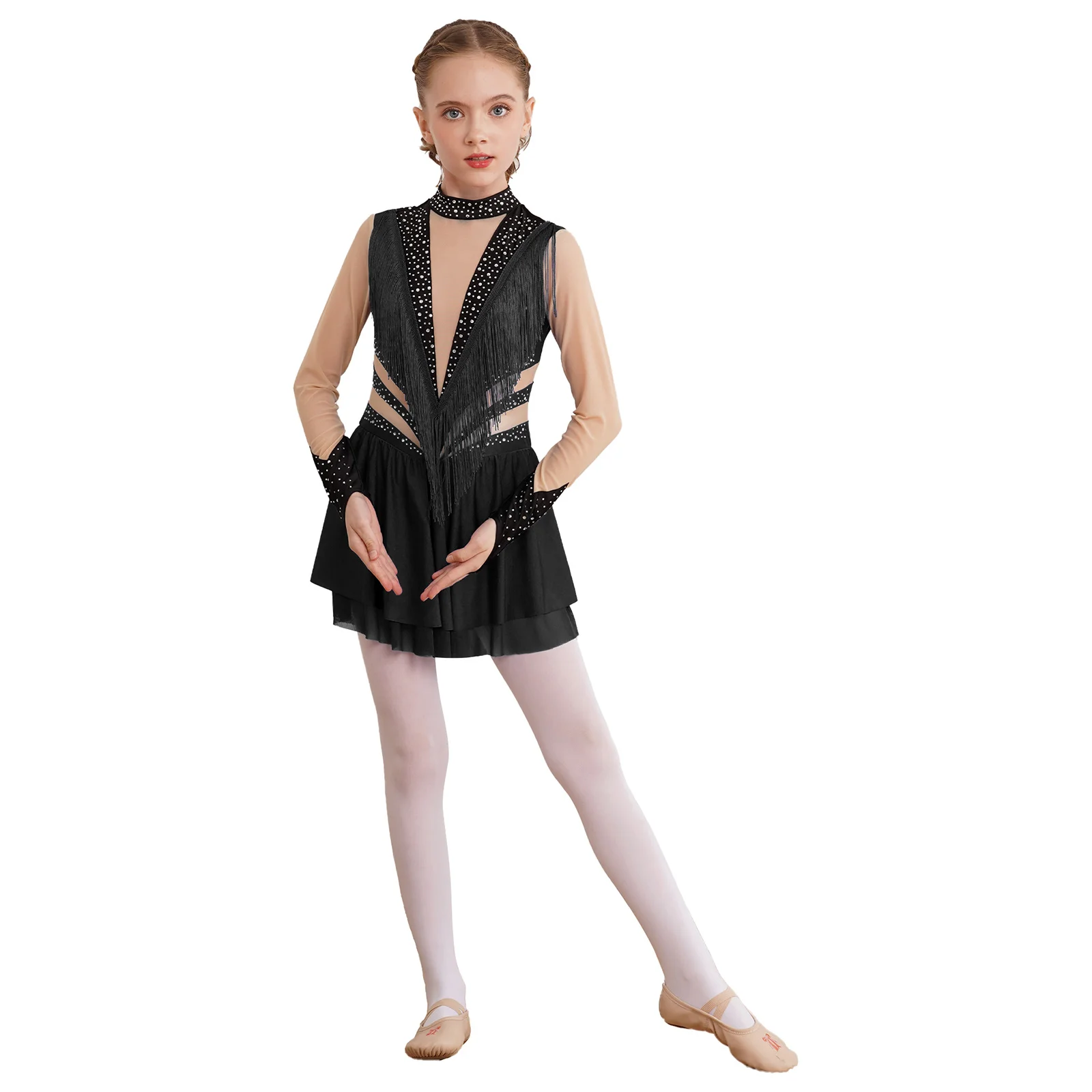 Kids Girls Figure Skating Dress Sparkly Artistic Gymnastics Leotard Rhinestone Mesh Long Sleeve Keyhole Back Lyrical Costumes