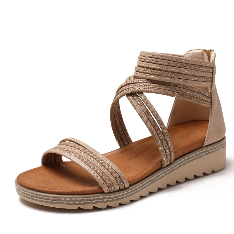 

Women's breathable wedge sandals2026New Summer Woven Hollow Thick-Soled Back-Zip Roman Shoes