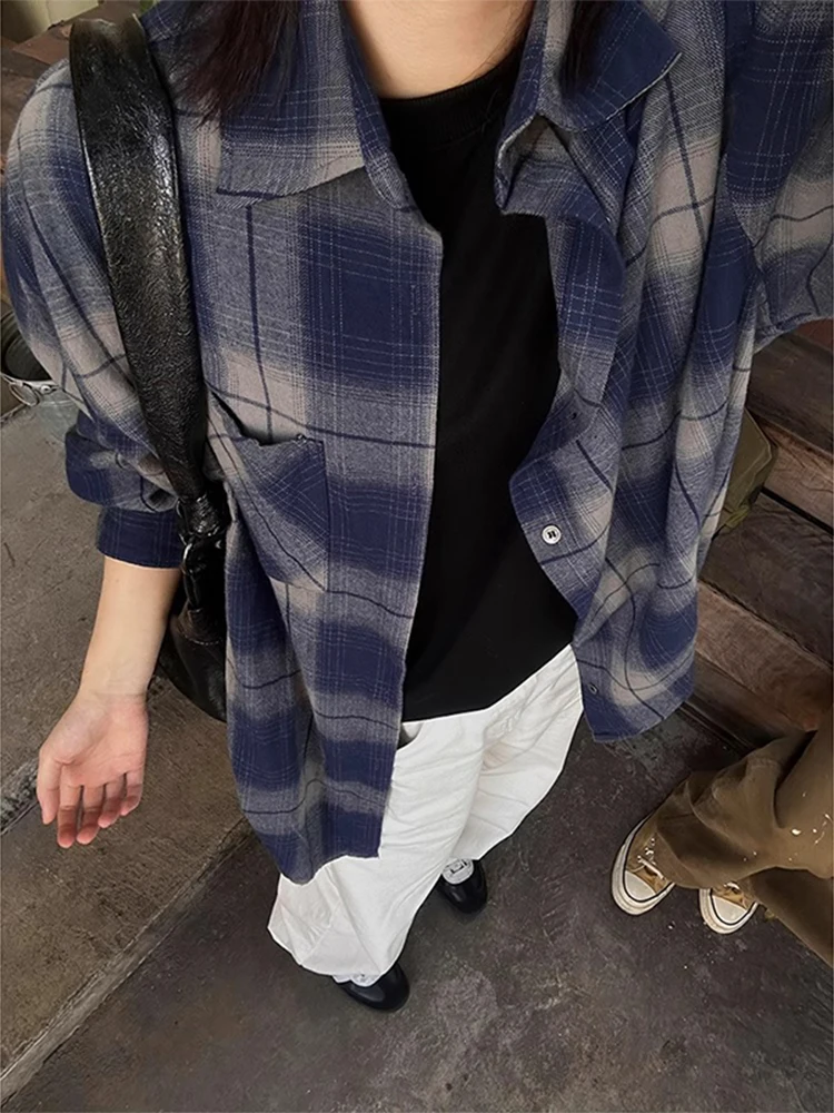 

Korean Lazy Plaid irt Men's Spring American Retro adient Plaid Long Sve irt CleanFit Jaet Loose Fit Youth Trend