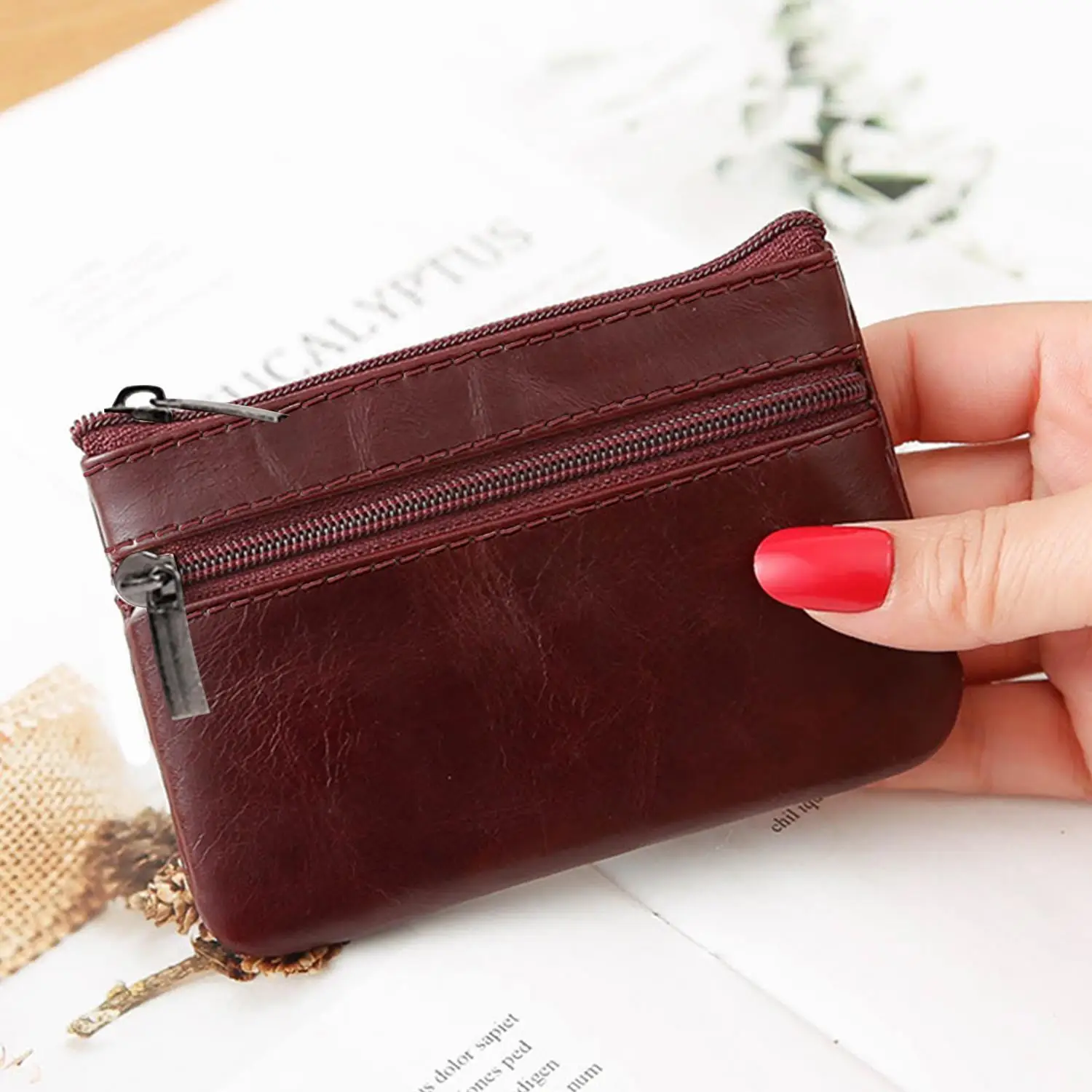 

Leather Mini Coin Purse Unisex Simple Portable First Layer Cowhide Retro Handmade Zipper Small Wallet Key Case