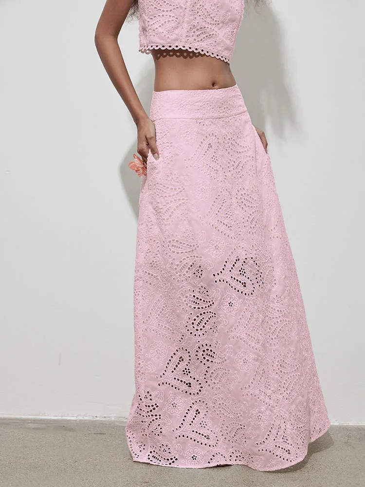 Sommer Strand Urlaub Einfarbig Lange Röcke Elegante Dame Freizeit Halbe Röcke Mode Spitze Aushöhlen Hohe Taille A-linie Röcke