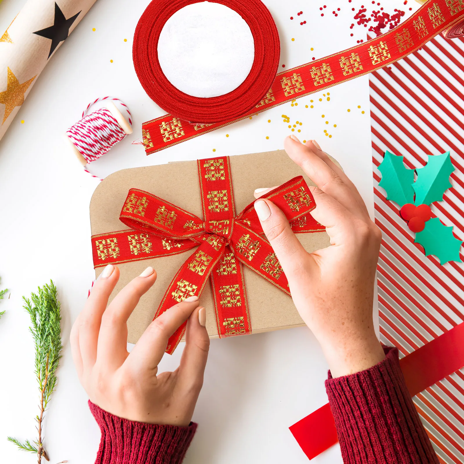 Red Satin Ribbon Chinese Character Wedding Decoration Gift Packaging Ribbon Durable Strong for Gift Wrapping Crafting