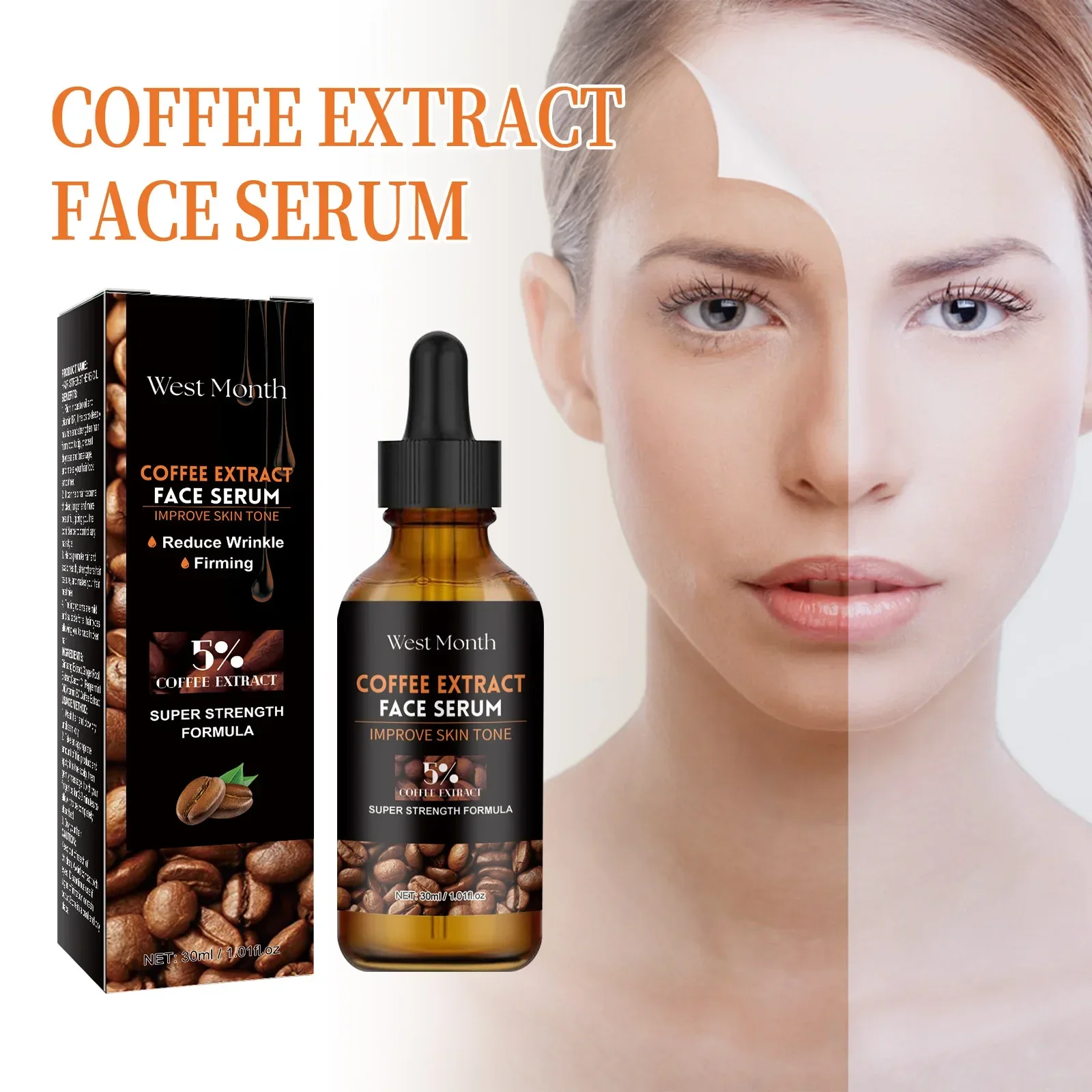 West & Month Caffeine Facial Serum Fading Facial Dull Freckles Fine Pore Hydrating Serum Reduces Fine Wrinkles Moisturizing