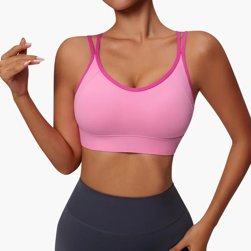 

Women Fitness Bra Tights Yoga Vest High Strength Solid Color Soft Cross Back Shockproof Gym Sports Top Push Up with Chest Pad