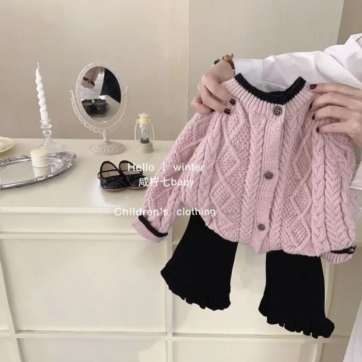 Winter Childent Loose Pink Coat Thick Warm Soft Sweet Knitted Sweater + bell-bottoms Pants Cotton Girls cardigan Jacket Casual