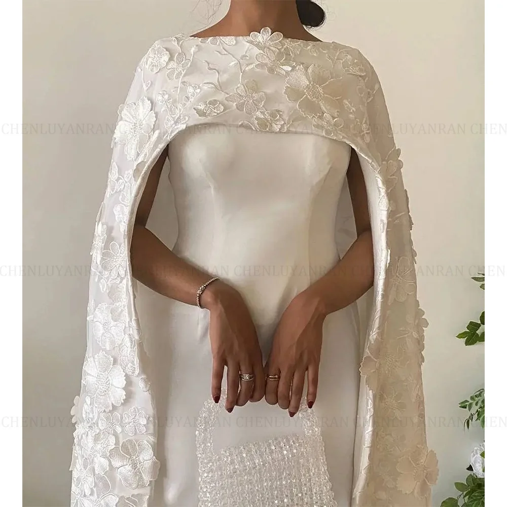 Amanda Customized White Flowers Embroidery Lace Shawl Two-Piece Set robes de soirée Satin Party Dresses Ankle-Length Prom Dress