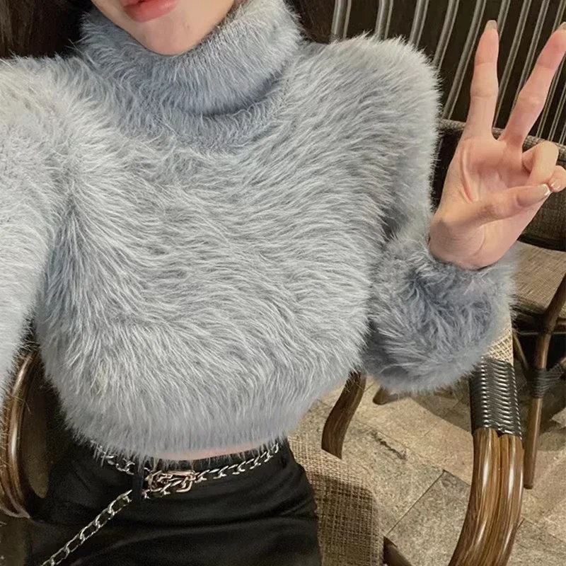 

Winter Warm Turtle Neck Girls Top Soft Thick Faux Fur Solid Color Women Tops Long Sleeves Short Cut Knit T-shirt