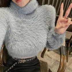 Winter Warm Turtle Neck Girls Top Soft Thick Faux Fur Solid Color Women Tops Long Sleeves Short Cut Knit T-shirt