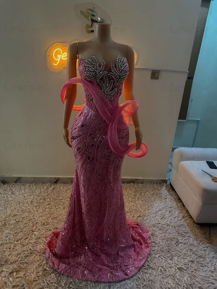 

Розовое вечернее платье с блестящими стразами Aso Ebi для темнокожих девушек, индивидуальный пошив, свадебное/вечернее платье с открытыми плечами