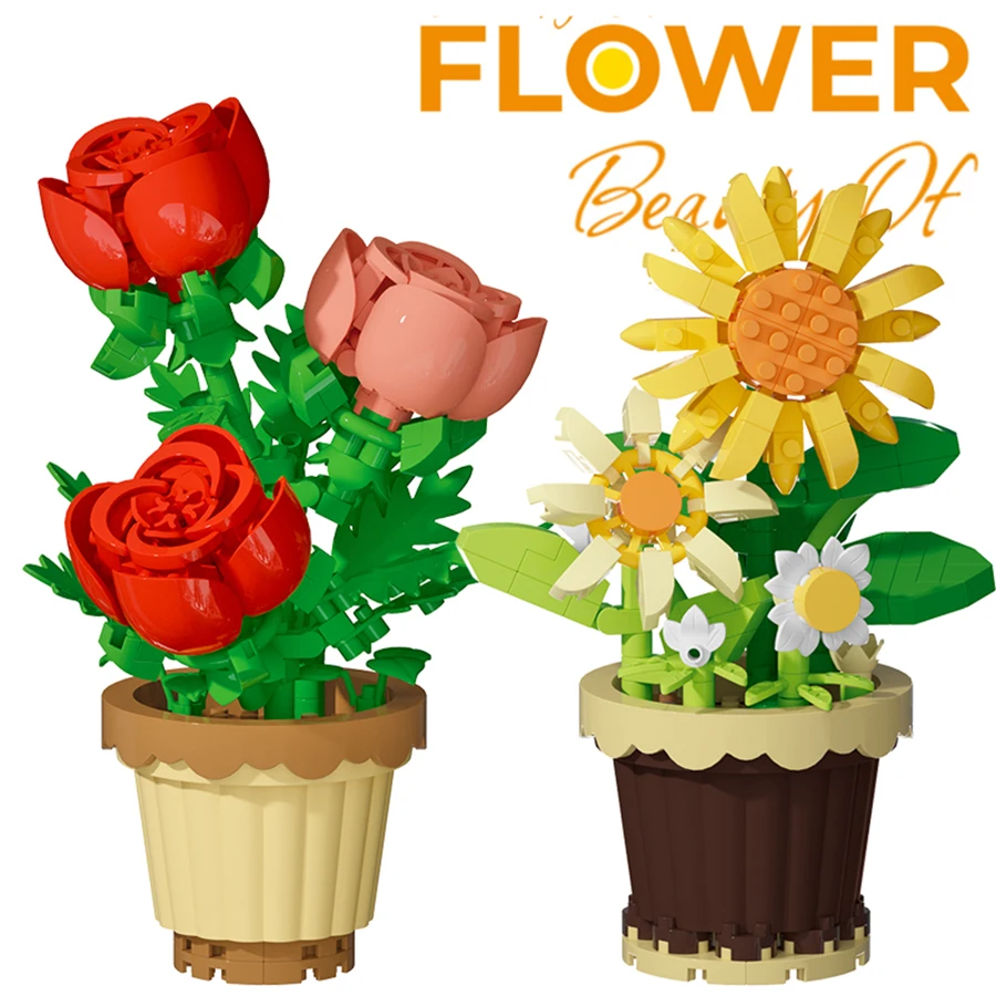 Rose Building Blocks Eternal Life Flower Assembly Succulent Sunflower Pot Model Toy Girl Series Christmas Gift