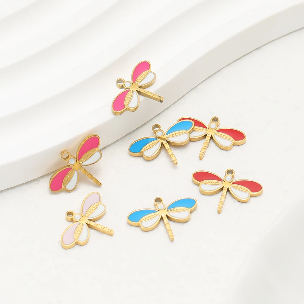 5 Stück Edelstahl-Charms mit niedlichen Libellen-Motiven aus Emaille für DIY-Schmuckherstellung: Halsketten, Anhänger, Armbänder, Ohrringe für Mädchen. – Detail 3