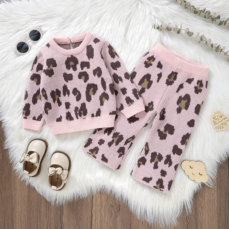 Baby Clothes Sets Knitted Infant Girl Sweater +Pants Fashion Leopard Newborn Children Long Sleeve Pullover +Trousers 2PCS Autumn