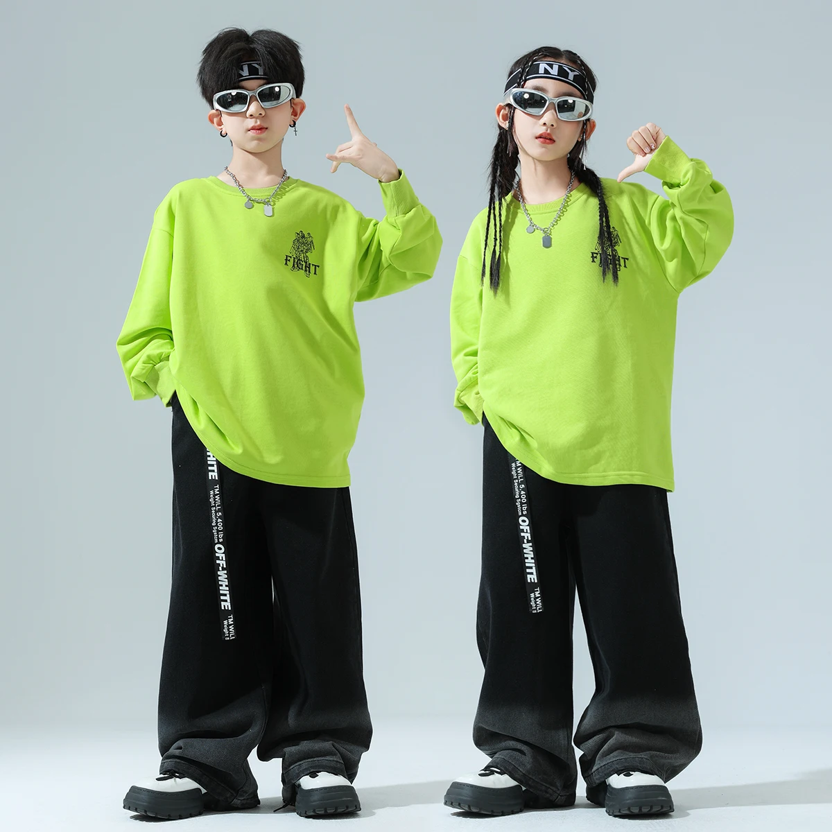 

Boys Hip Hop Green Sweatshirt Joggers Pants Girls Cool Streetwear Clothes Sets Kids Children Jazz Street Dance K-pop Costumes