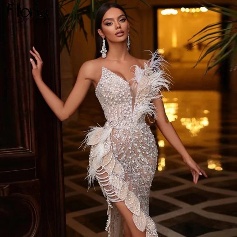 Vestido De Novia De sirena con lentejuelas y plumas, traje Sexy sin tirantes con abertura lateral, hecho a medida