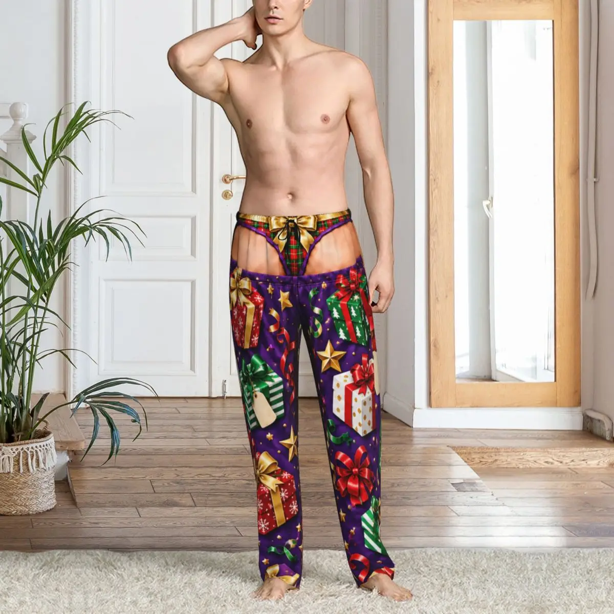Men Merry Christmas Santa Claus Snowman Palazzo Lounge Wide Leg Pajama Pants Loose Comfy Sleep Bottoms
