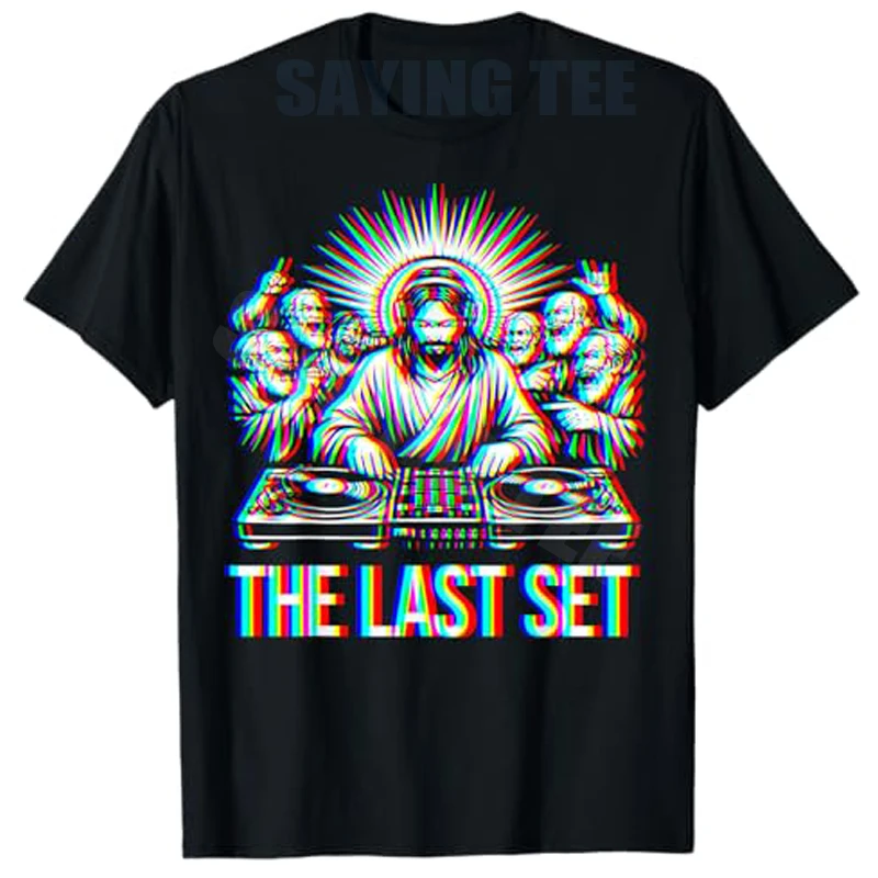 Camiseta Jesus Last Set Rave com Estampa Gráfica de DJ, EDM, Techno, Rave, Festival, Y2k, Rock, Punk, com Frases, Estilo Glitch, Presente Criativo e Personalizado