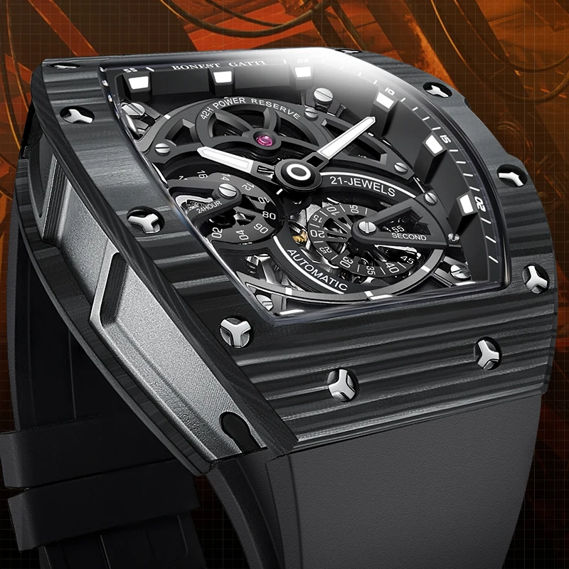 BONEST GATTI Men Automatic Watch Mechanical Carbon Fiber Bezel Tonneau Luminous Case Fluororubber Strap Small Second Dial