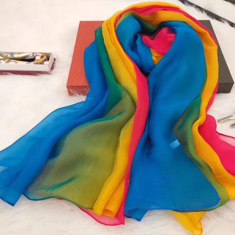 2023 Spring New Gradient Chiffon 100% Silk Scarf Mulberry Silk Chiffon Sun Protection