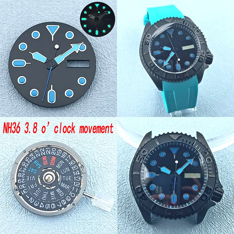 

40mm black watch case nh35 nh36 movement Aseptic C3 luminous dial 316L stainless steel sapphire clean cover case accessories