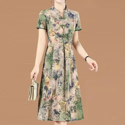 Elegant Frog Polo-Neck Pleated Short Sleeve Summer Vintage Printing Pockets Pullover Mid Length Version A-line Dress for Women