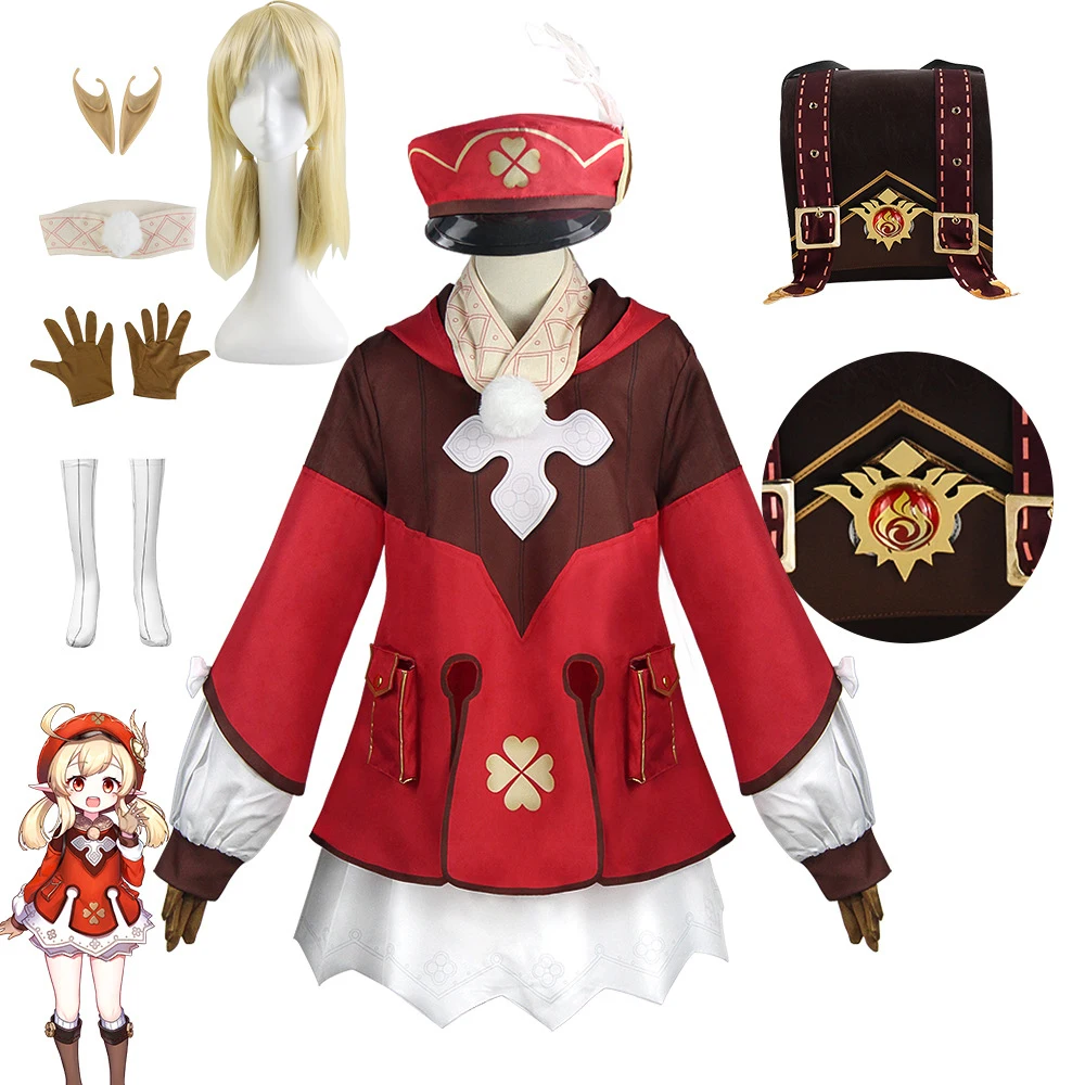 Game Genshin Impact cosplay Klee cosplay costume full set hat cute Loli dress Klee dress wig backpack adult clown