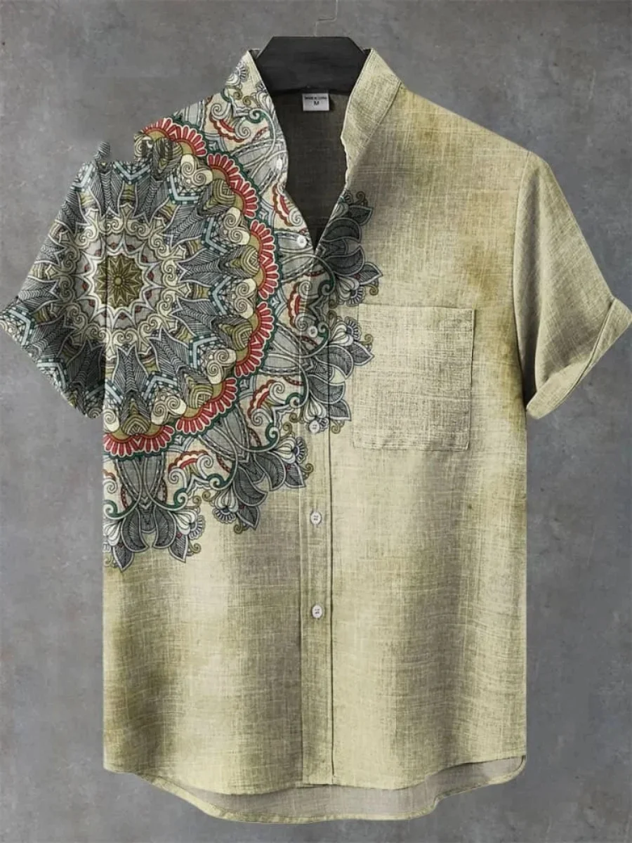 2025 Men's mandala flower pattern short sleeve shirt Summer vintage new linen shirt men's short sleeve leisure holiday streetwea
