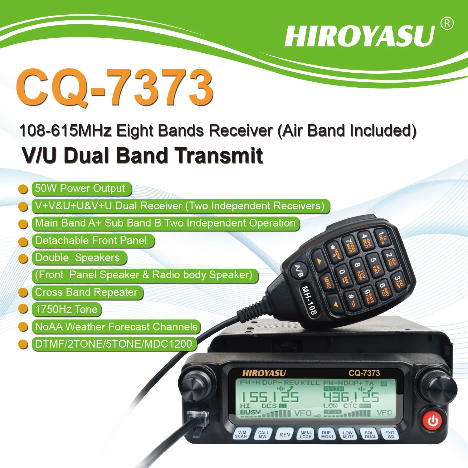 HIROYASU CQ-7373 Amateur Mobile Transceiver 50W 100Ch Air Band Rx VHF UHF Dual Band Tx Front Panel Detached Car Walkie Talkie