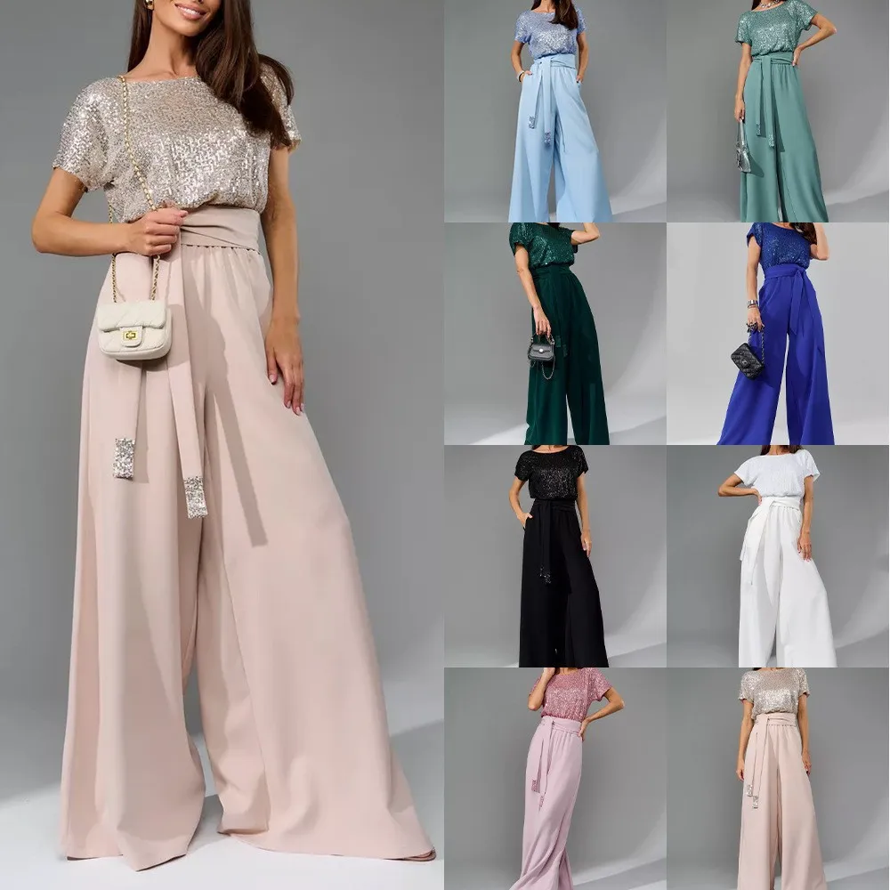 

iny Sequin Casual Jumpsuit Long Pants High Waist One-Piece Suit Women's Faion Polyester Fabric Comfortable Loose Fit