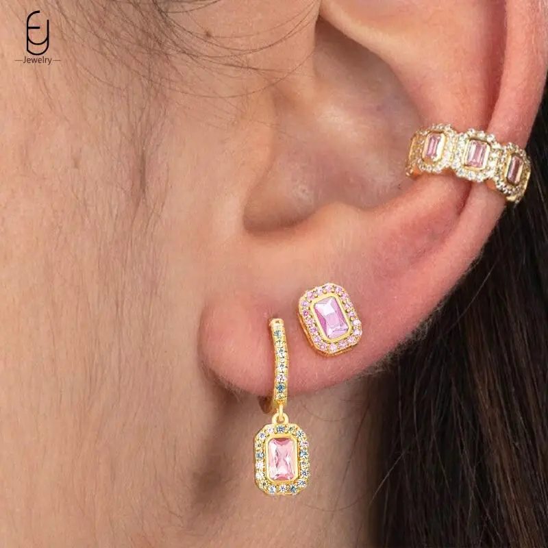 

925 Sterling Silver Needle Square Pendant Earrings Exquisite Pavé Colorful Zircon Stud Earrings Women's Wedding Luxury Jewelry