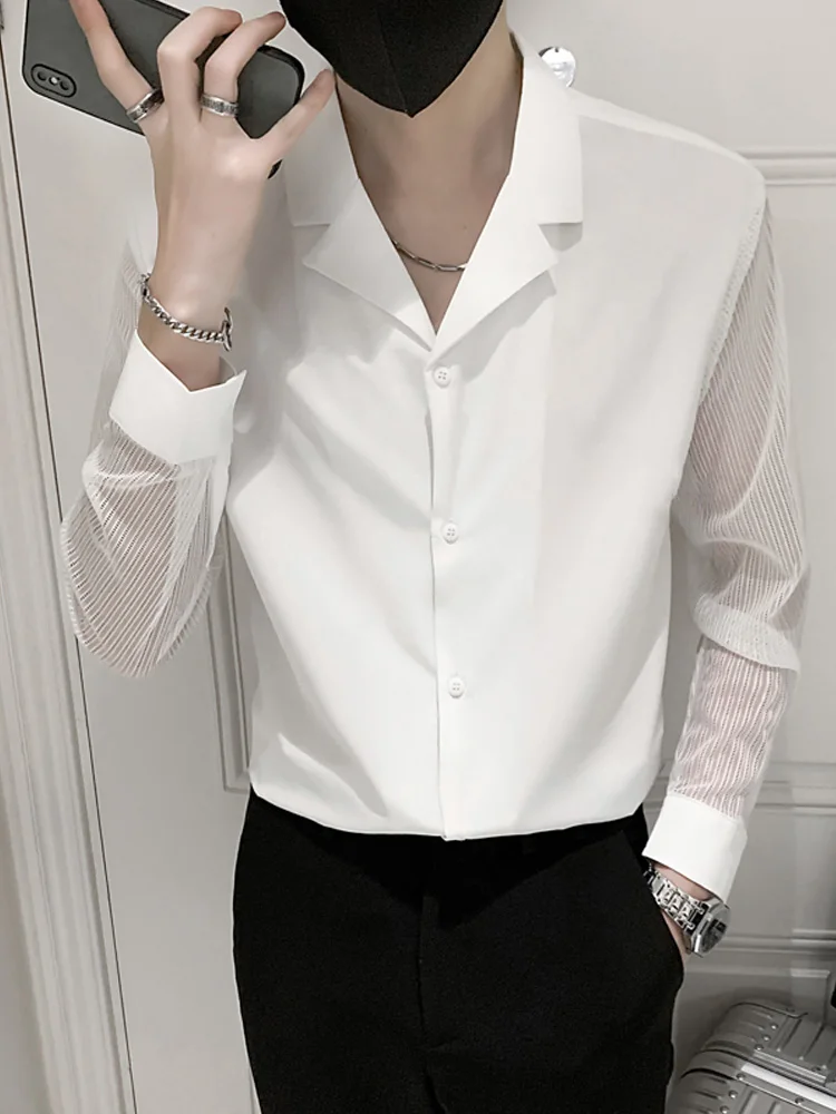 

Cuban Collar Long Sve Me irt Men's Sli Korean Version Faionable Autumn Wear Hair St Trendy Brand Men's Whit...