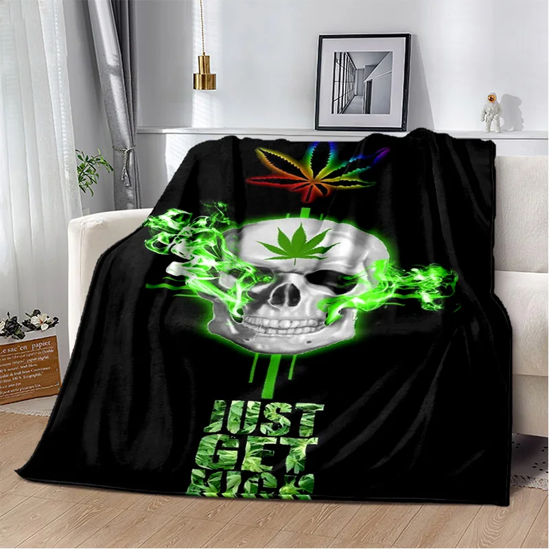 Eye-Catching Blanket with Skull and plant Cannabis Sativa L Weeds Patterns Perfect for Beds and Picnics throw blanket