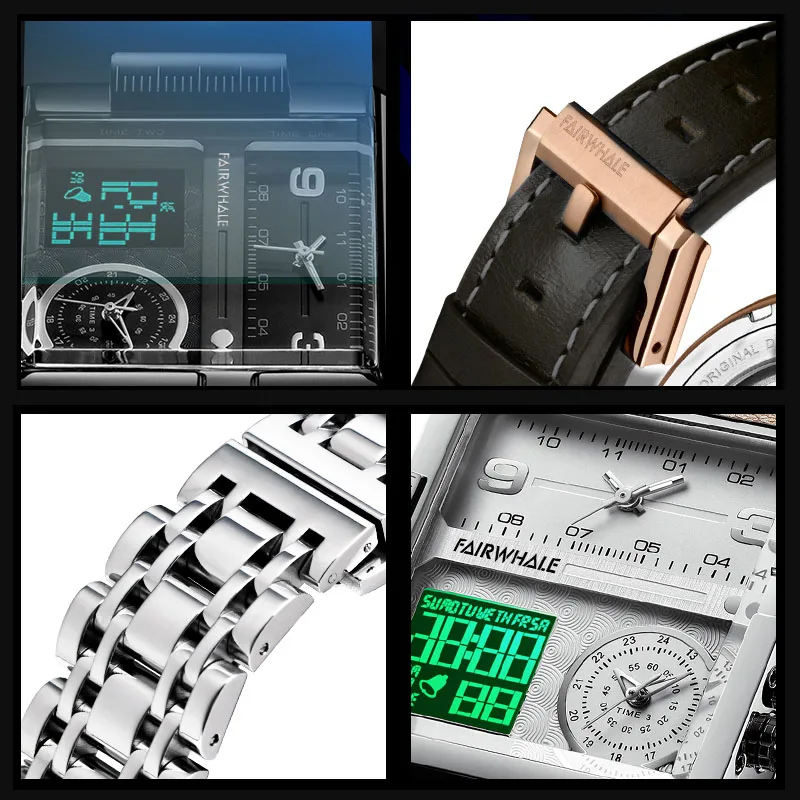 Imagem -05 - Mark Fairwhale Luxo Multifuncional Relógios Eletrônicos Homens Moda Militar Couro Strap Square Quartz Relógio de Pulso Reloj 2023