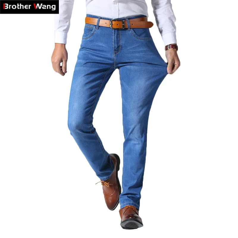 Brother Wang Men's Classic Style Slim Stretch Denim Pants Light Blue Black Business Casual Trousers