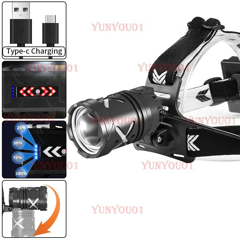 Cross-border New Product 30W LED Strong Light Remote Light Headlight 70USB Charging Highlight Zoom Adjustable