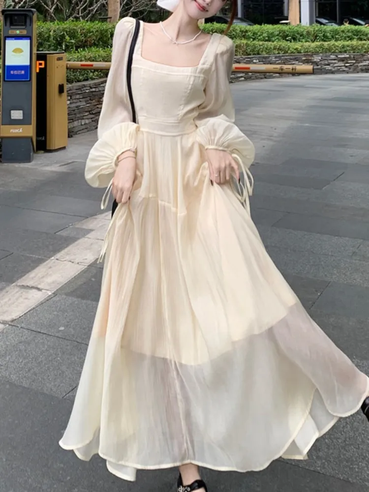 

French Elegant Fairy Midi Dress Square-Collar Long Sleeve Slim Waist Women Dresses Sweet Causal 2025 New Mujer Vestidos Summer