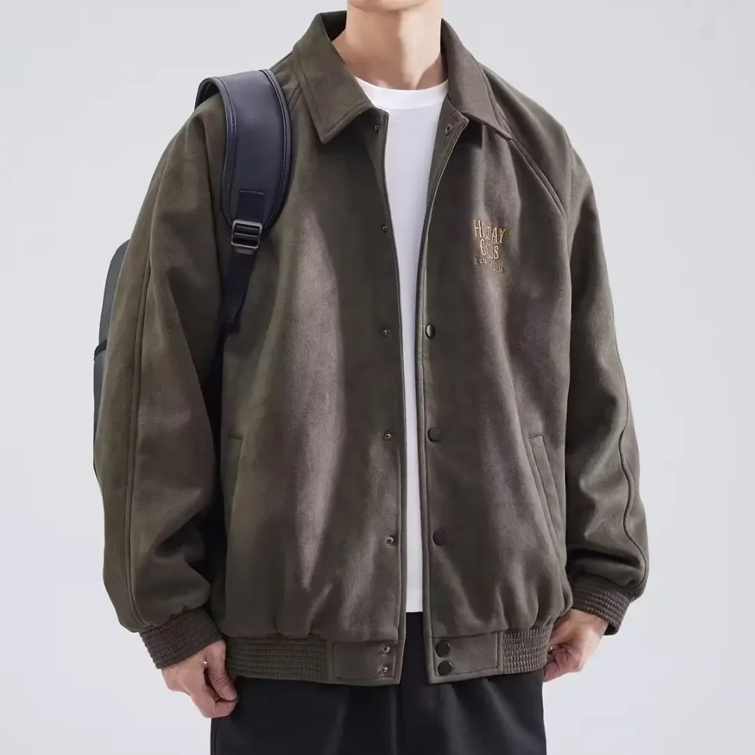 American Style Men's Loose-Fit Warm Jacket With Lapel Casual Fall Winter Deer Leather Velvet Baseball Uniform