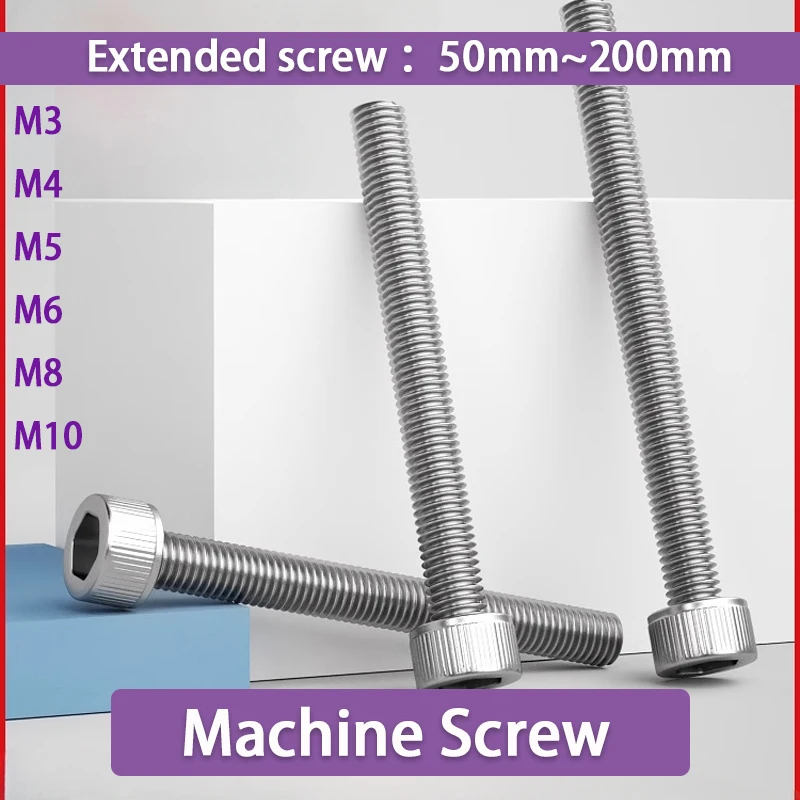 304 Stainless Steel Hex Socket Cup Head Screw Full Thread Extended Bolts M3 M4 M5 M6 M8 M10 Length 50-200mm Hardware Fasteners