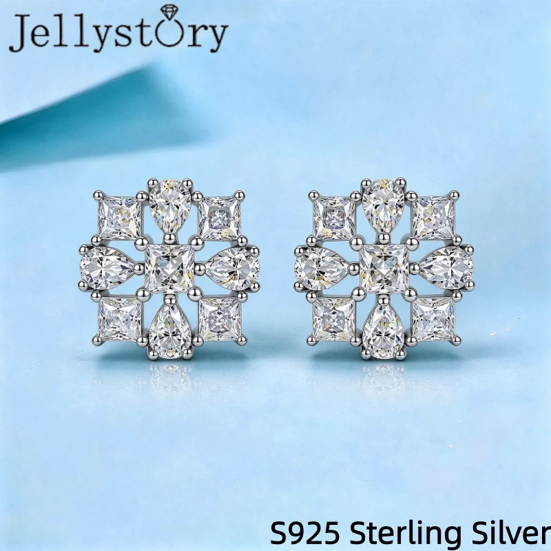 Jellystory 1.9ct Square & Pear Cut Moissanite Stud Earrings S925 Silver 18K White Gold Plated Cluster Snowflake Design for Women