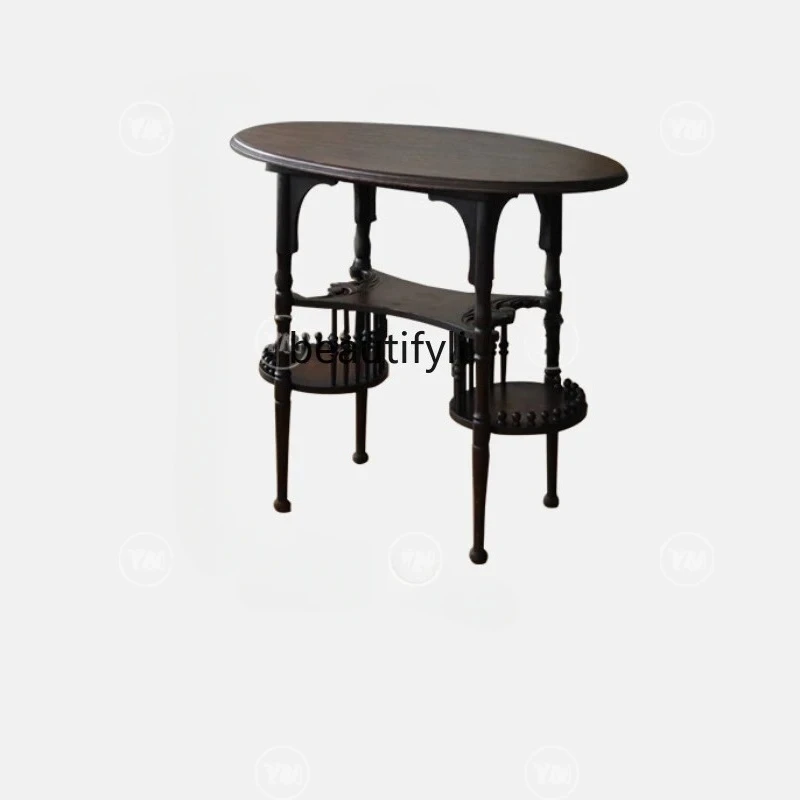 

Retro Oval Coffee Table" French Pillar Solid Wood Table Chinese Entrance Desk