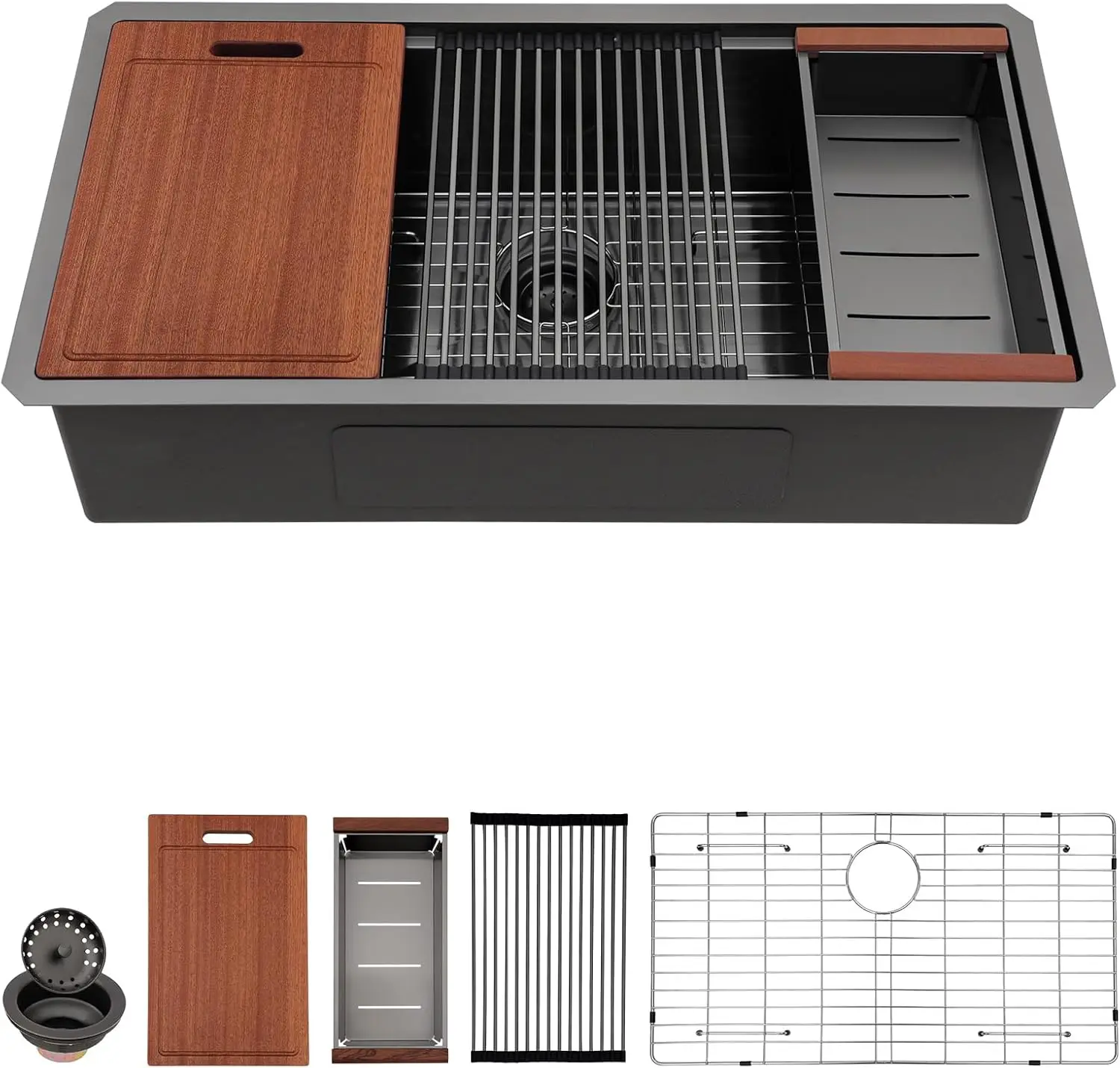 

Кухонная мойка-рабочая станция подстольного монтажа 36 дюймов, черная, 36x19 дюймов, с бортиком, NANO-Tech, Gumental Black, с закругленными углами, 16 дюймов