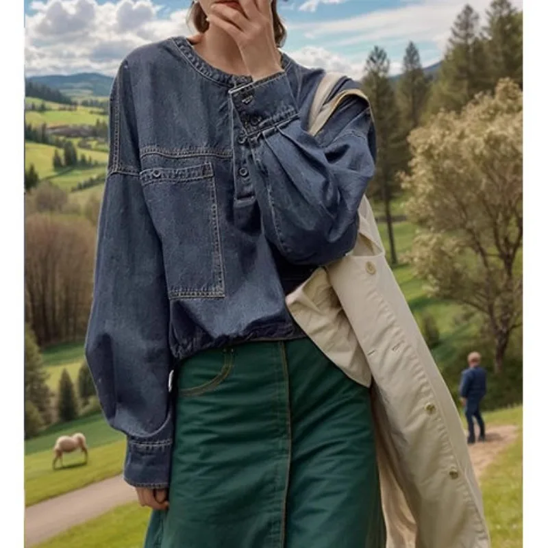 Women's Spring Autumn Tops Coat Denim Round Neck Shirt Long Sleeve Vintage Casual Designed Advanced Soft Niche Versatile Skinny