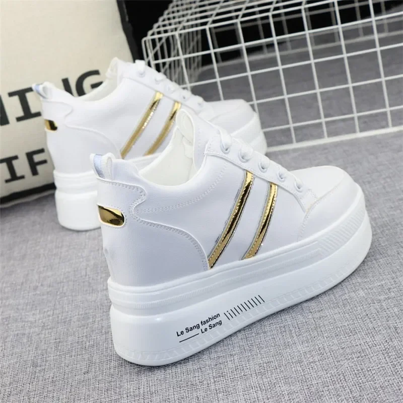 2024 Hidden Heels Women Platform Wedge Sneakers Ladies Leather Golden White Shoes Female Krasovki Tenis Feminino Casual 40