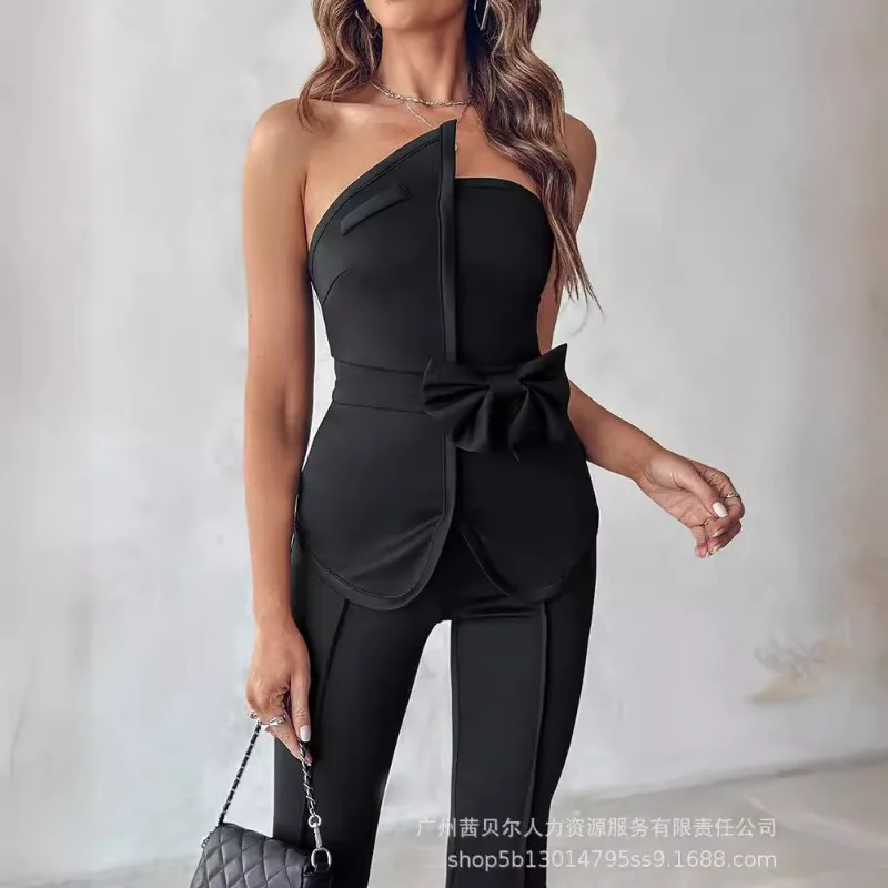 2024 Spring Summer New Women\'s Clothing Solid Color Tube-Top Slim Fit Top Suit Tight Bell-Bottom Pants 2-Piece Set