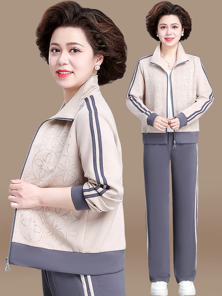 

Casual Spor Mom Coat Spring Autumn Women's Two-Piece Set Faionable Top Bot Ensemble Loose Fit Long Pants Zipper Closure